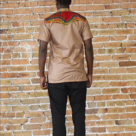 Men’s Beige Collared African Print Dashiki Button Front Shirt - Picture 2 of 2